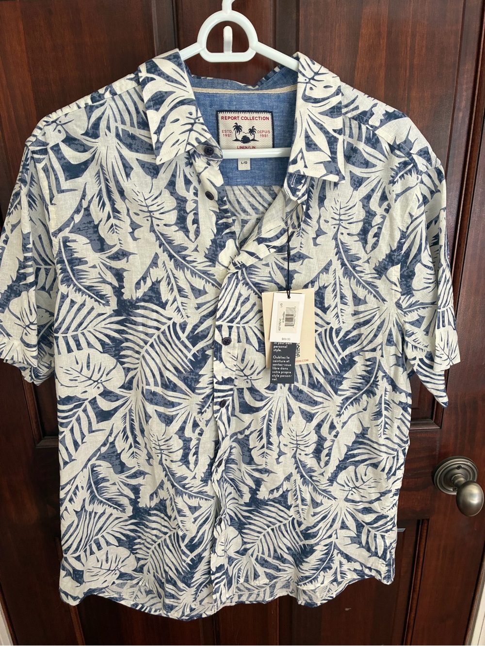 Report Collection Blue and White Tropical Leaf Short-Sleeve Linen Summer Shirt